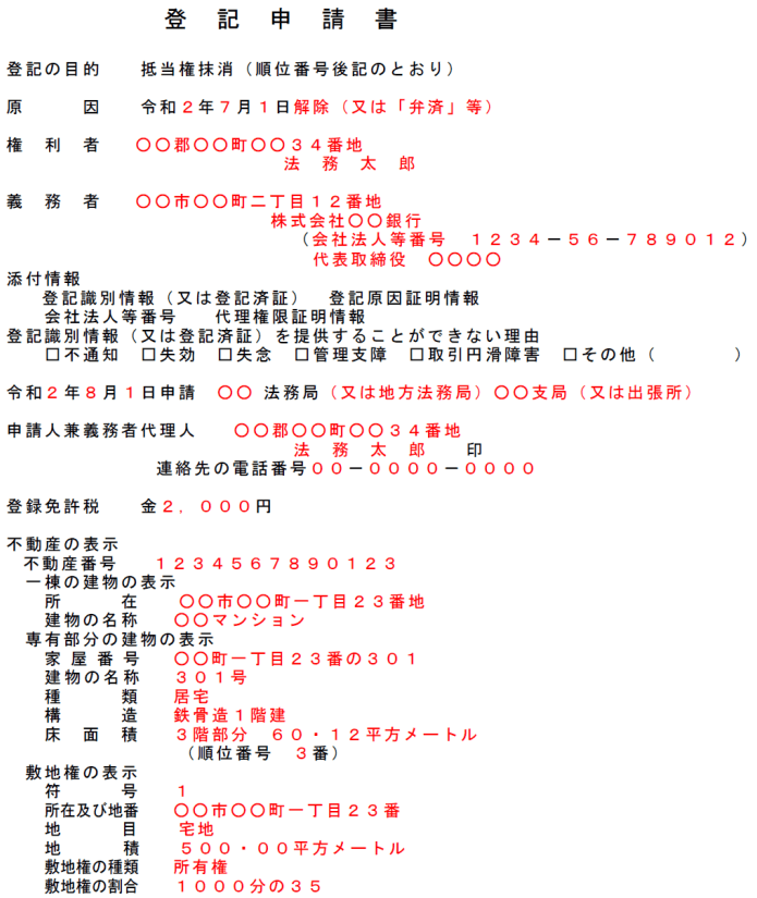 抵当権抹消登記の申請書