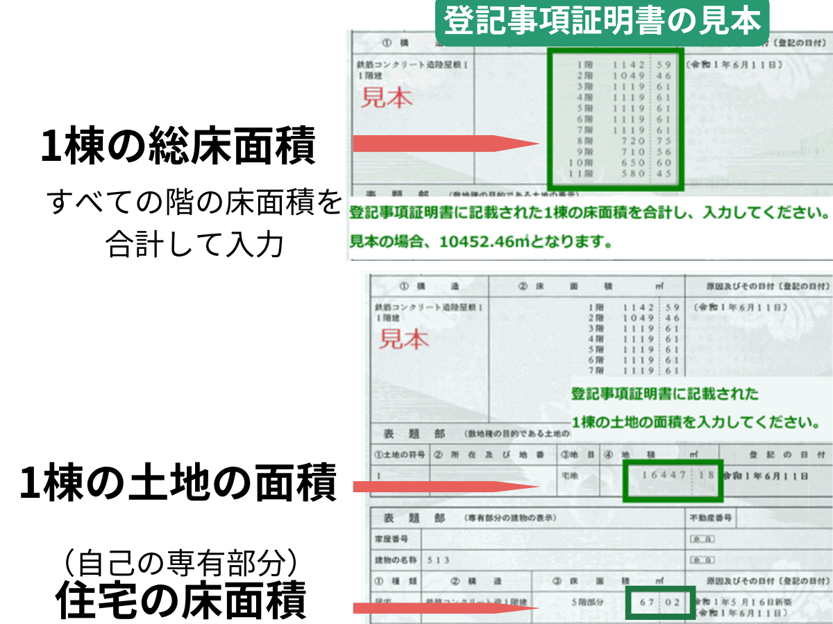 マンションの土地・建物面積の入力方法